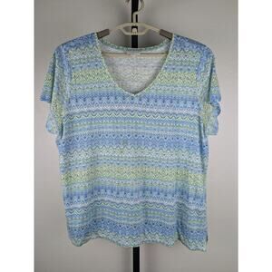 J. Jill Love Linen 100% Linen v-neck short sleeve t-shirt blue green zig zag